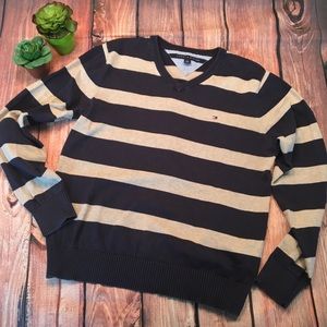 TOMMY HILFIGER Blue Tan V-Neck Striped Sweater Men’s XS
